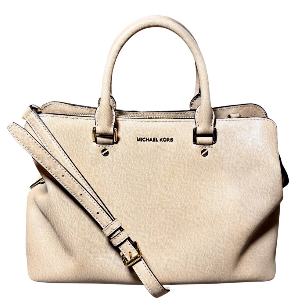 Michael Kors Beige Saffiano Leather Satchel Handbag Gold Hardware Neutral Tote - Picture 1 of 16